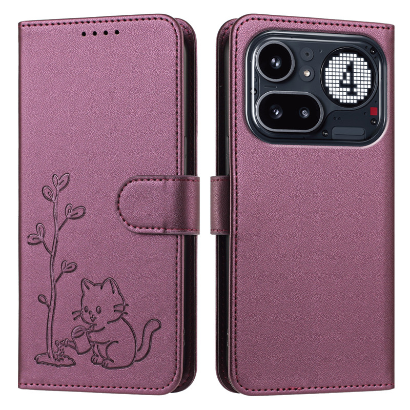 猫と木柄のレザー製スマホケース Nothing Phone  - Luxury Bags Kl のレビューと価格